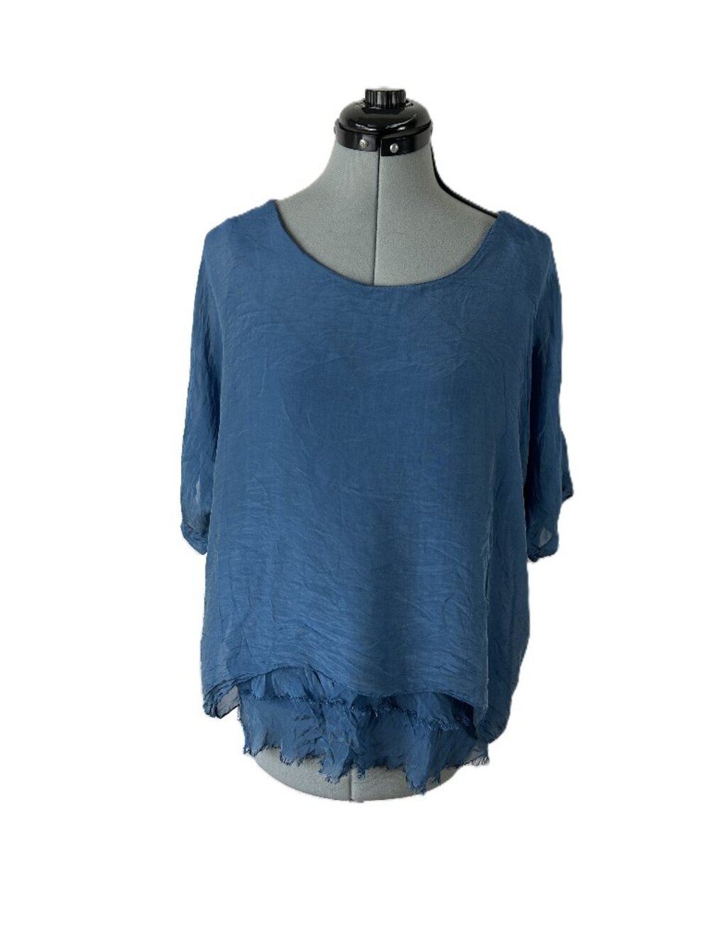 Tina Stephens Adriana Silk Double Raw Edge Short Sleeve Top in Blue O/S